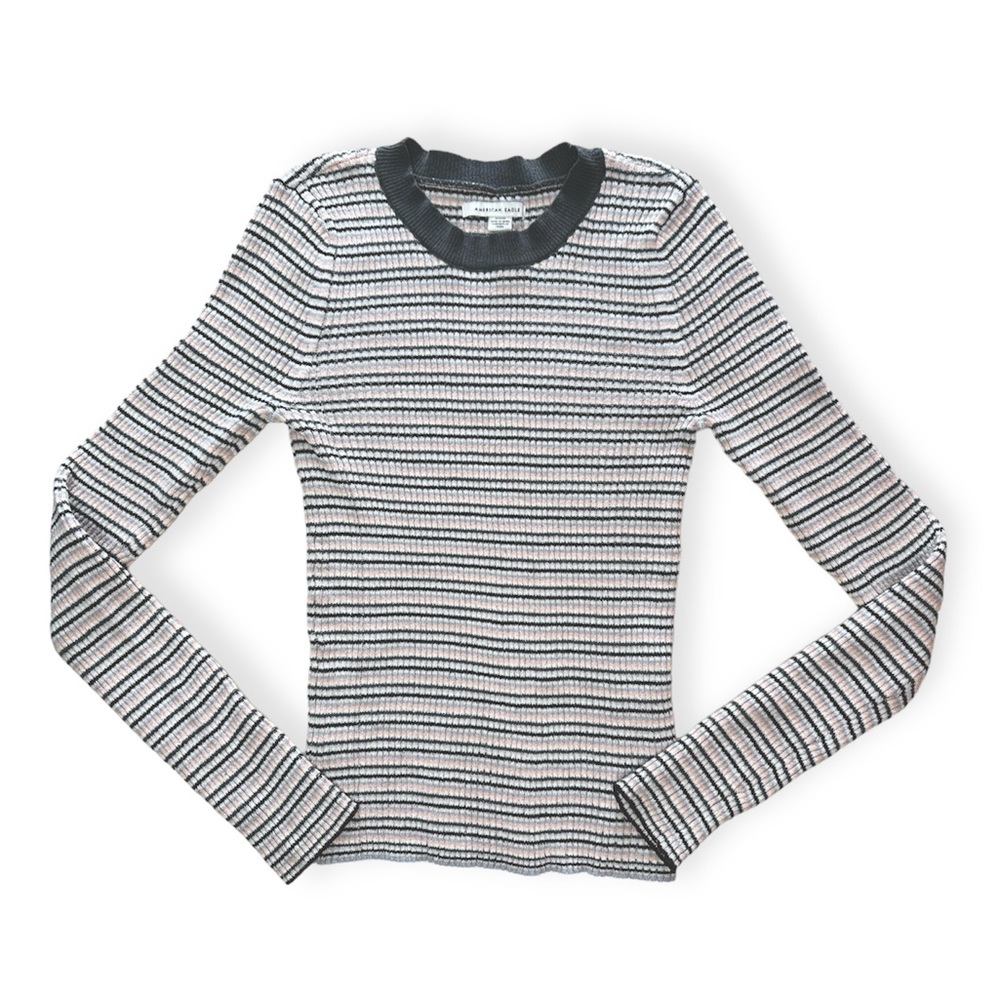 American Eagle Gray Pink White Stripe Sweater Super Stretchy Crewneck Women's M